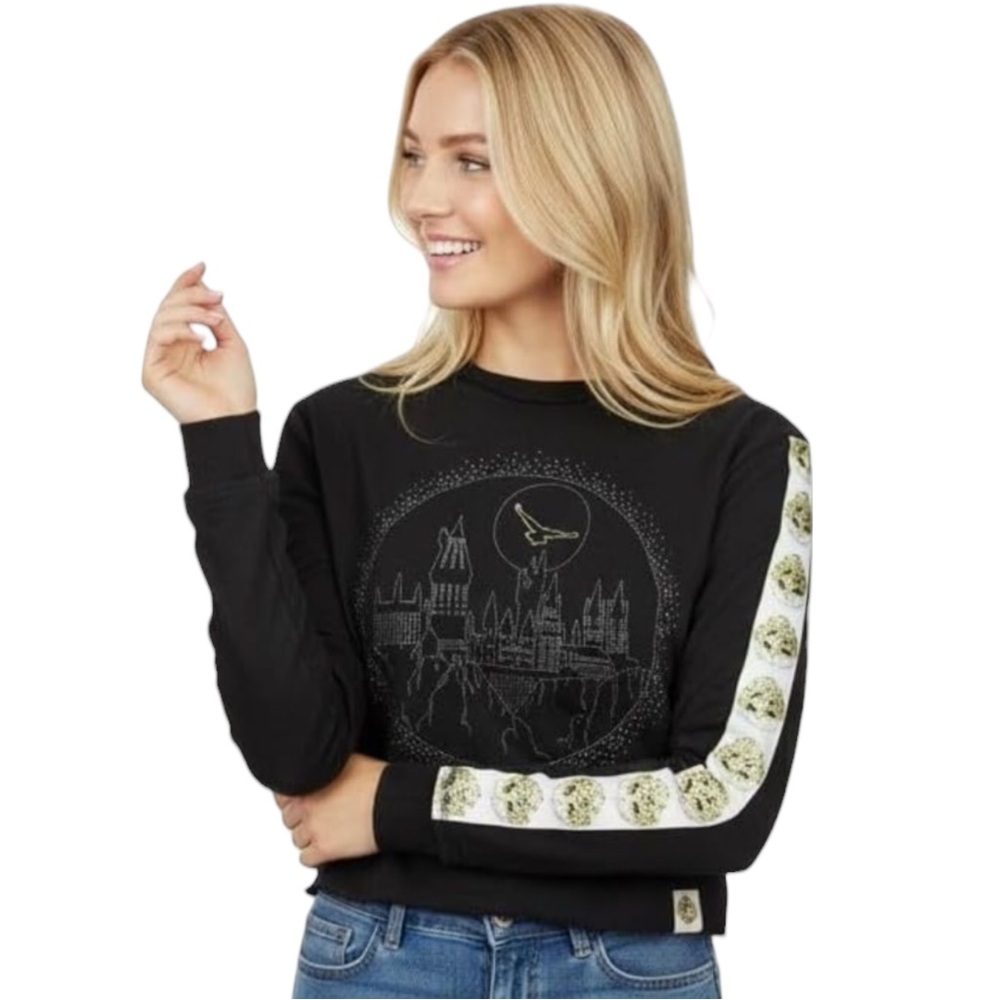 Harry Potter Hogwarts Castle Embroidered Long Sleeve Arm Stripe Merch Tee M